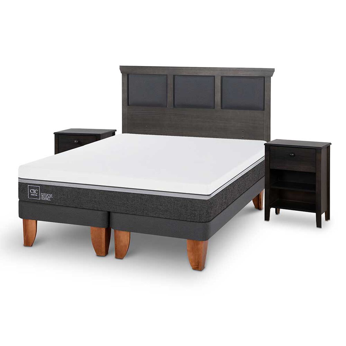 Cama Europea CIC Base Dividida King Ortopedic Advance + Respaldo + 2 Veladores Torino