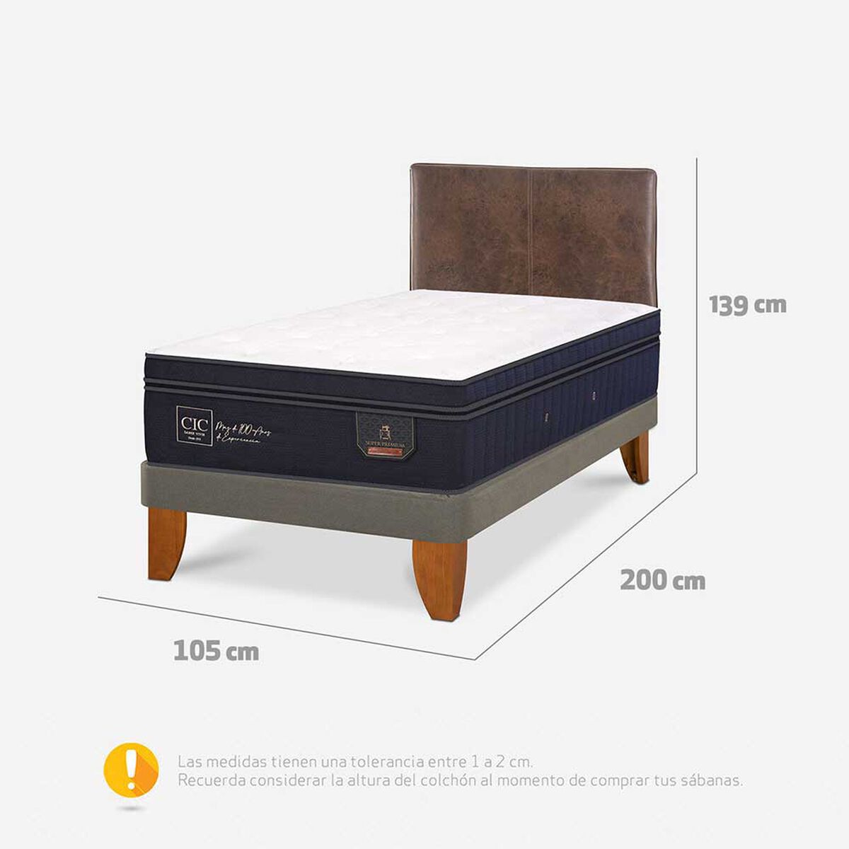Cama Europea CIC 1,5 Plaza Super Premium +  Respaldo Baker