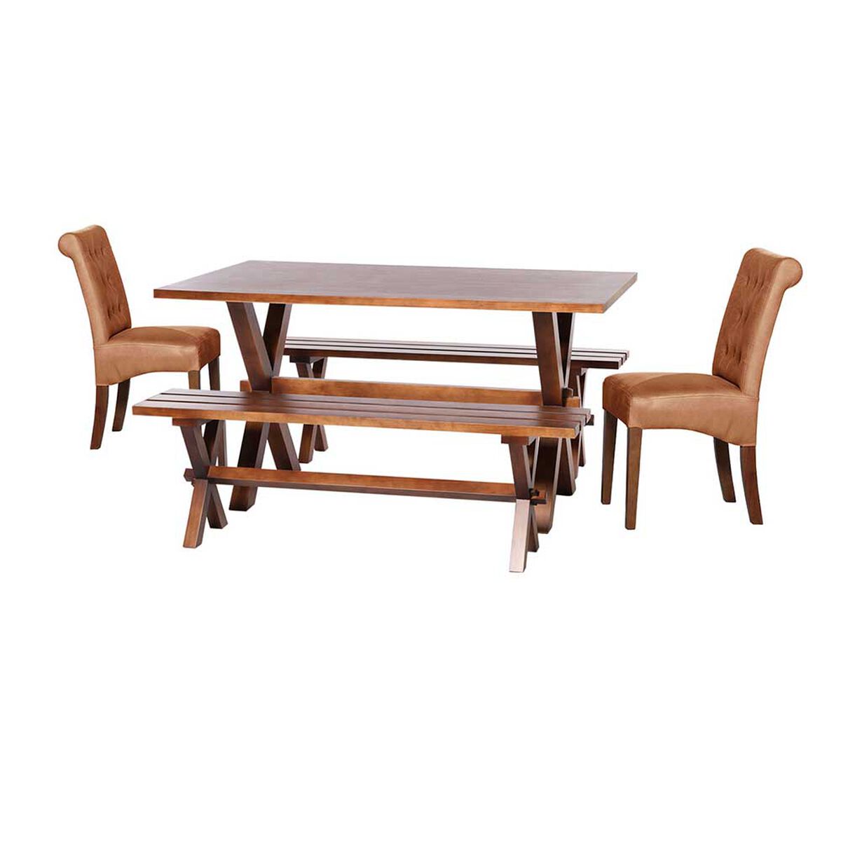 Juego de Comedor Latam Home Sevilla Oviedo 2 Sillas + 2 Bancas Cuero Kentucky Tabaco