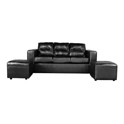 Juego de Living Kea Nize Sofá 3 Cuerpos + Dos Pouf PU Negro