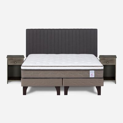 Cama Europea Rosen 2 Plazas New Style 6 + Respaldo + 2 Veladores Grafito