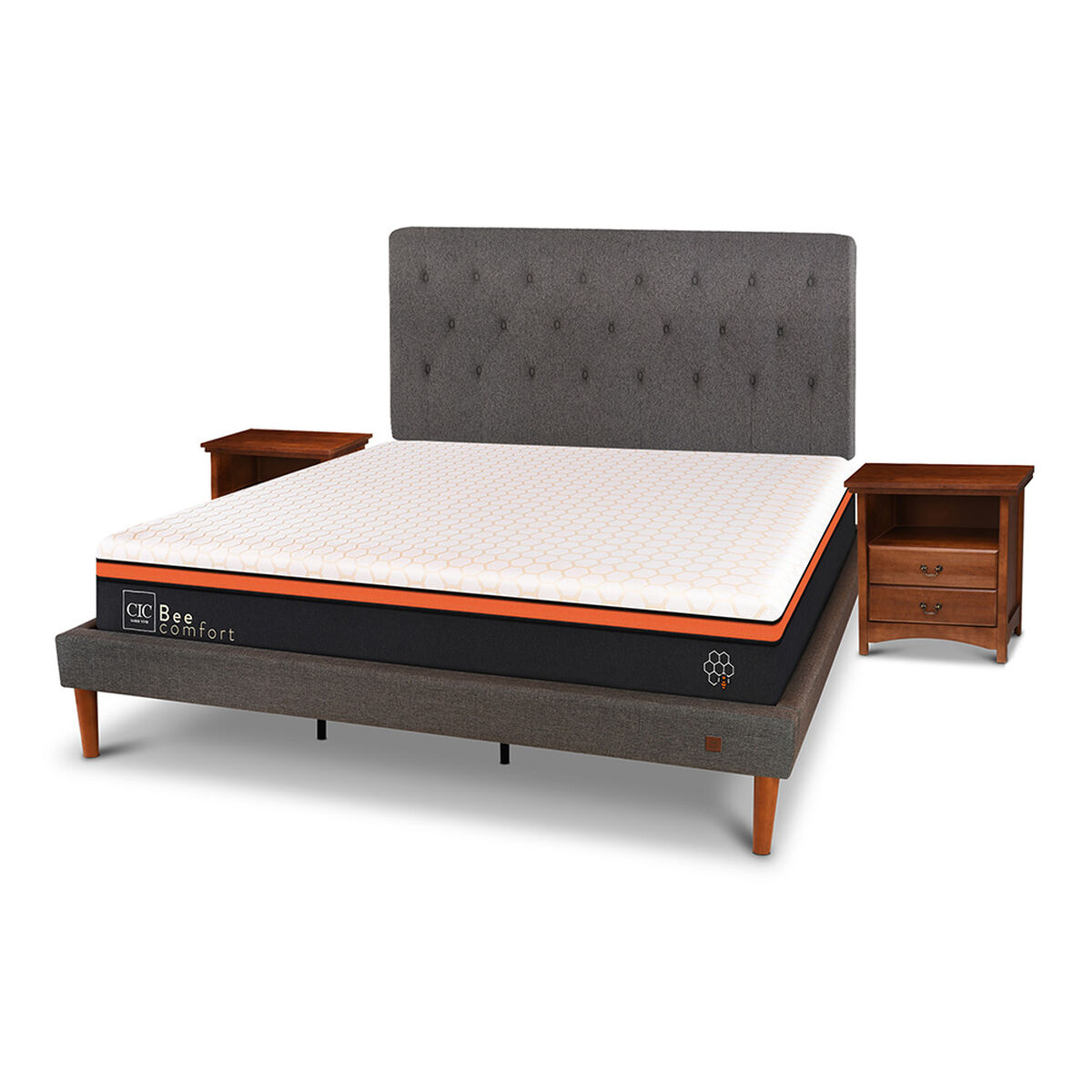Cama Europea Curve CIC King Bee Comfort + Respaldo + 2 Veladores