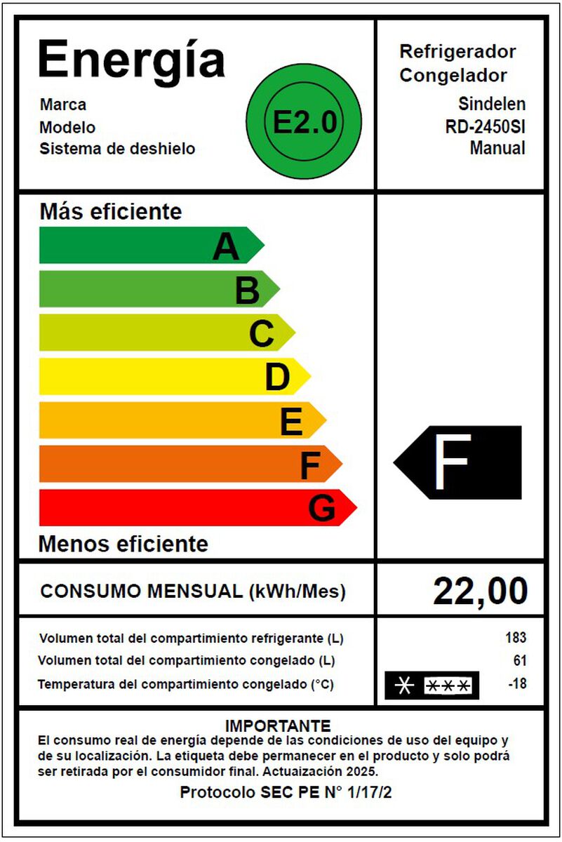 Refrigerador Fr&iacute;o Directo Sindelen RD-2450SI 244 lts.