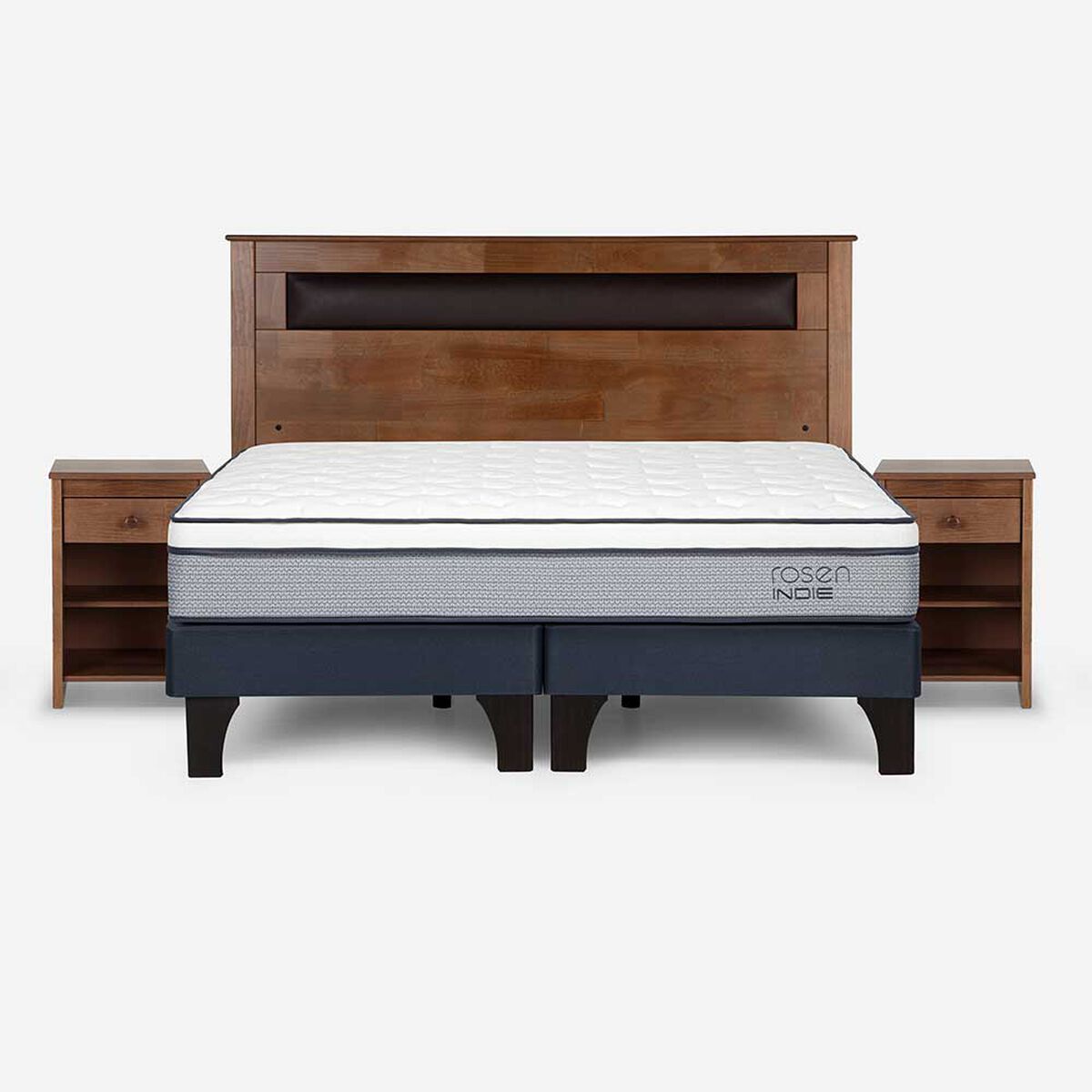 Cama Europea Rosen Base Dividida 2 Plazas Indie + Respaldo + 2 Veladores Ferrara