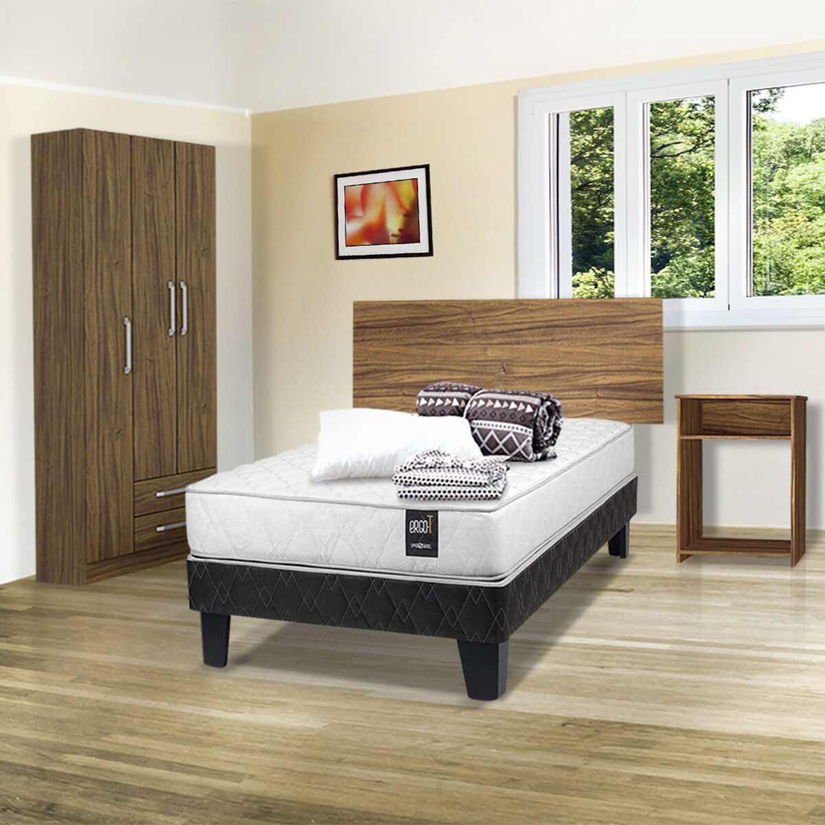 Cama Europea Rosen Ergo T 1 Plaza + Set Madera Nogal + Clóset 3 Puertas 2 Cajones + Set Textil 1,5 Plazas Plumón + 1 Almohada + Sábanas