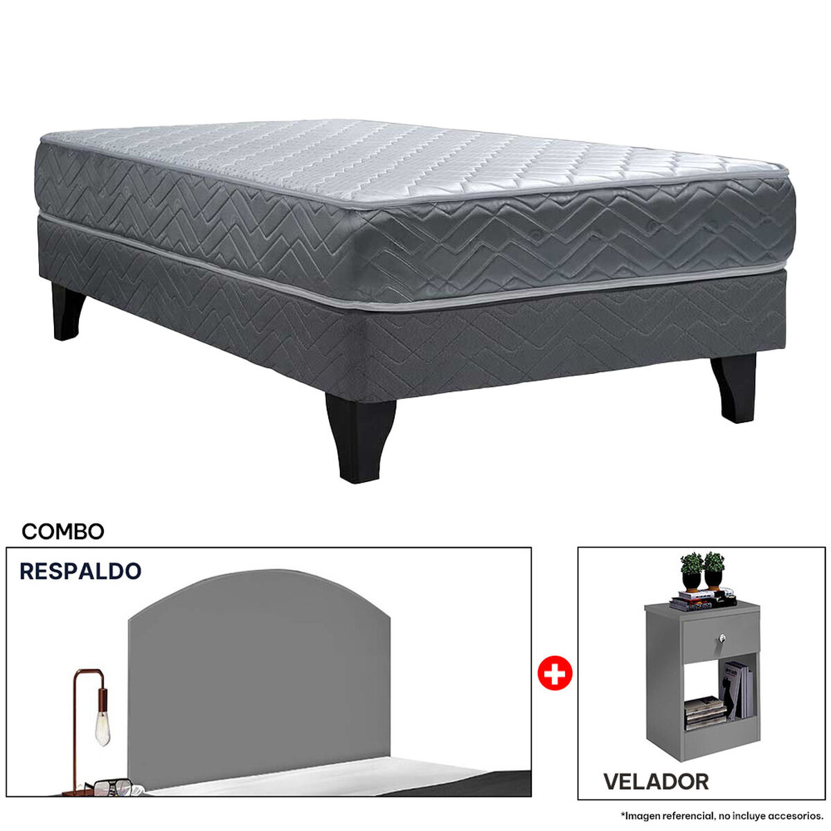Combo Celta Cama Europea 1,5 Plaza Cádiz 190 x 105 cm + Respaldo + Velador Casanova 1,5 Plazas Gris