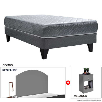 Combo Celta Cama Europea 1,5 Plaza Cádiz 190 x 105 cm + Respaldo + Velador Casanova 1,5 Plazas Gris