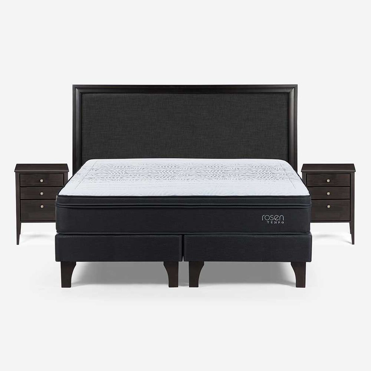 Cama Europea Rosen Base Dividida King Tempo + Respaldo + 2 Veladores Grafito
