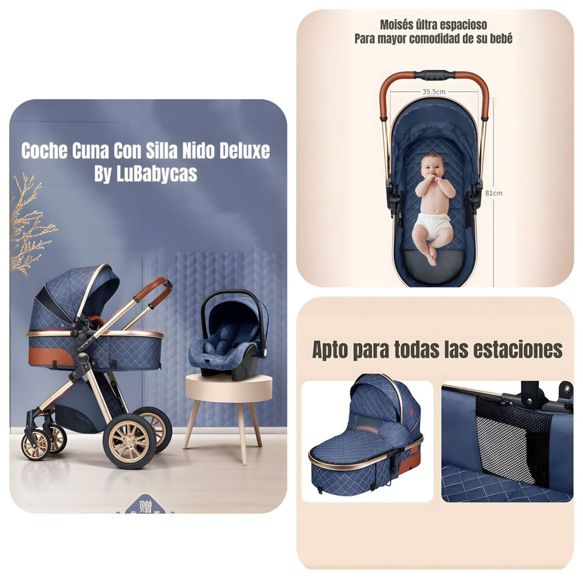 Coche Deluxe con Silla Nido y Accesorios Gris Lubabycas