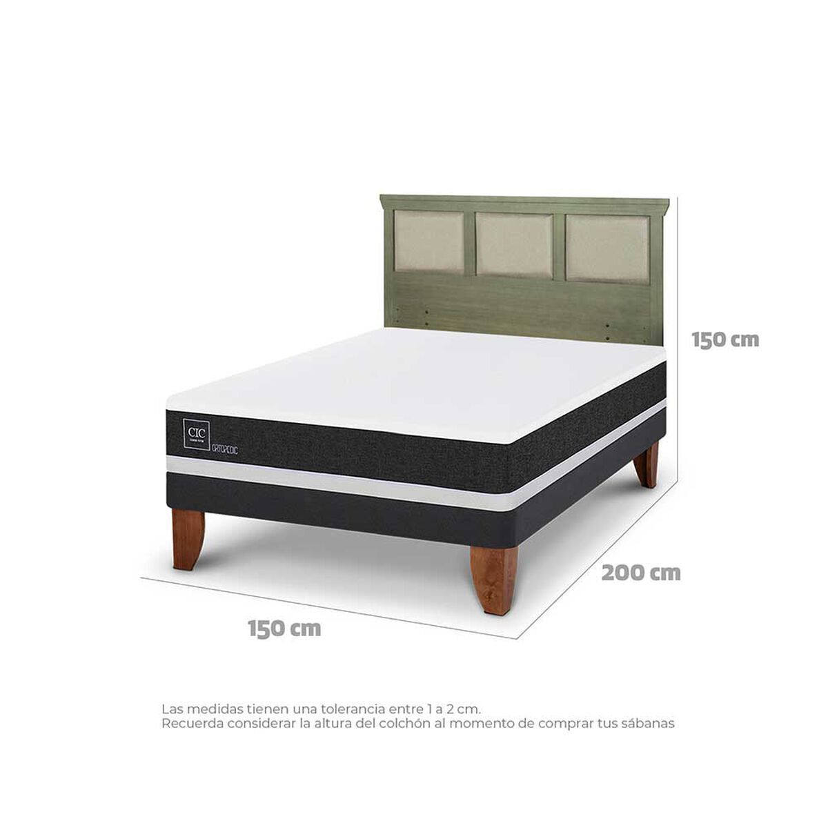 Cama Europea CIC 2 Plazas Ortopedic + Respaldo Torino Olivo