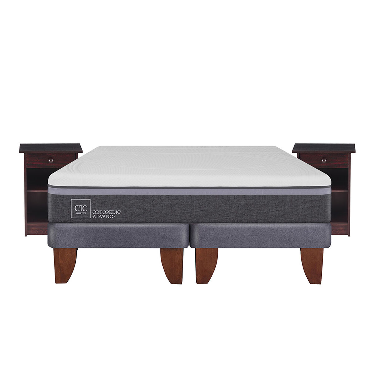Cama Europea CIC Base Dividida 2 Plazas Ortopedic Advance + 2 Veladores Dublin Chocolate