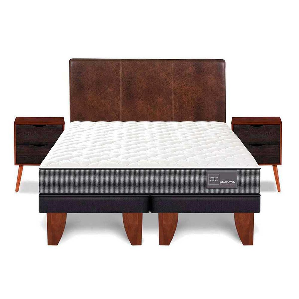 Cama Europea CIC Base Dividida 2 Plazas Anatomic + Respaldo Baker + 2 Veladores Niger