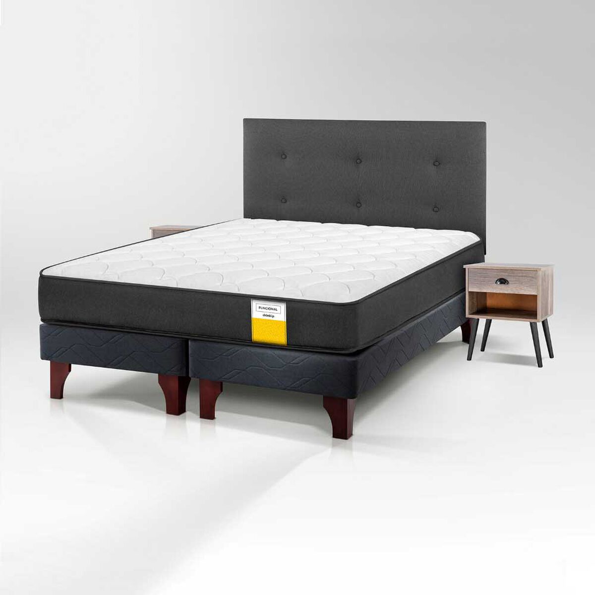 Cama Europea Drimkip 2 Plazas Funcional Base Dividida + Respaldo Royal + Velador Rock