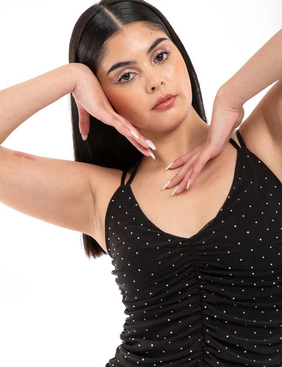 Vestido Corto Con Apliques De Brillo Sin Mangas Mujer Icono