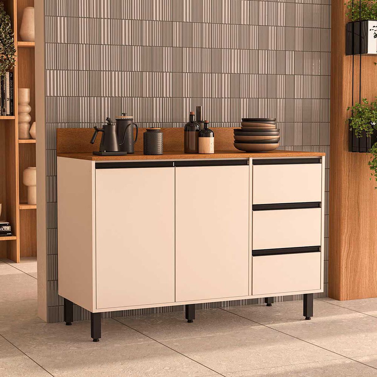 Mueble Base de Cocina Premier Vekkahome 2 Puertas 3 Cajones Beige