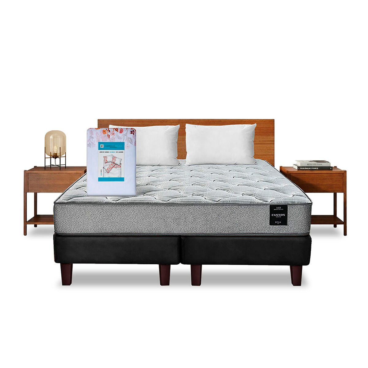 Combo Cama Europea Latam Home 2 Plazas Cannon BD Tela Palo Negro + Textil + Resp + 2 Veladore Orion