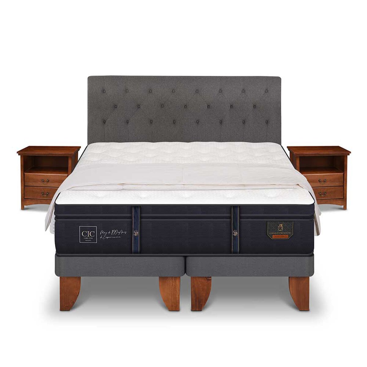 Cama Europea CIC Base Dividida King Grand Premium + Respaldo + Veladores + Plum&oacute;n Ganso