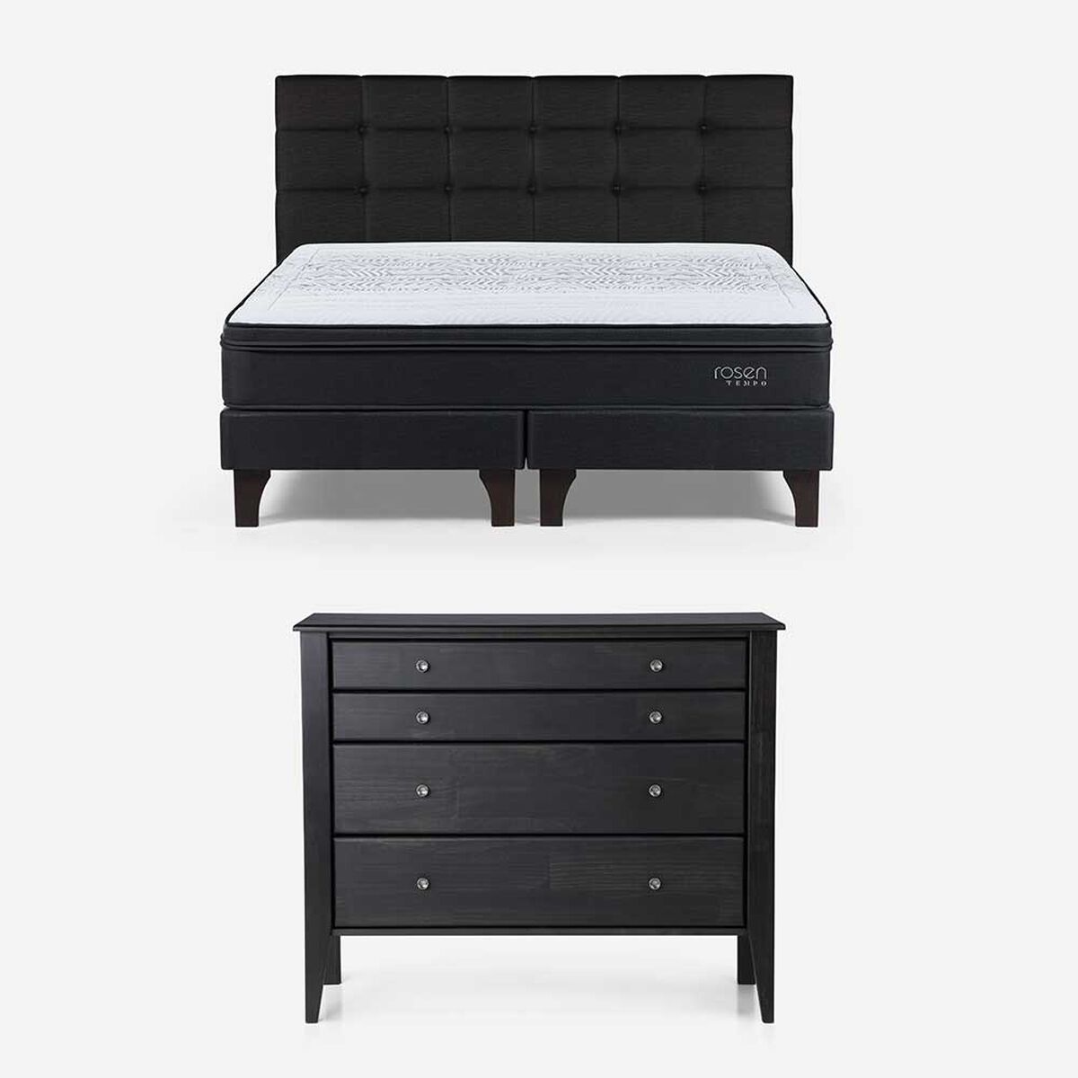 Cama Europea Rosen Base Dividida King Tempo + Respaldo Issey Grafito + Cómoda Baker Grafito