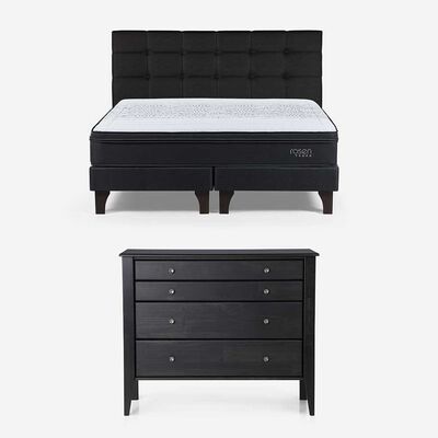 Cama Europea Rosen Base Dividida King Tempo + Respaldo Issey Grafito + Cómoda Baker Grafito