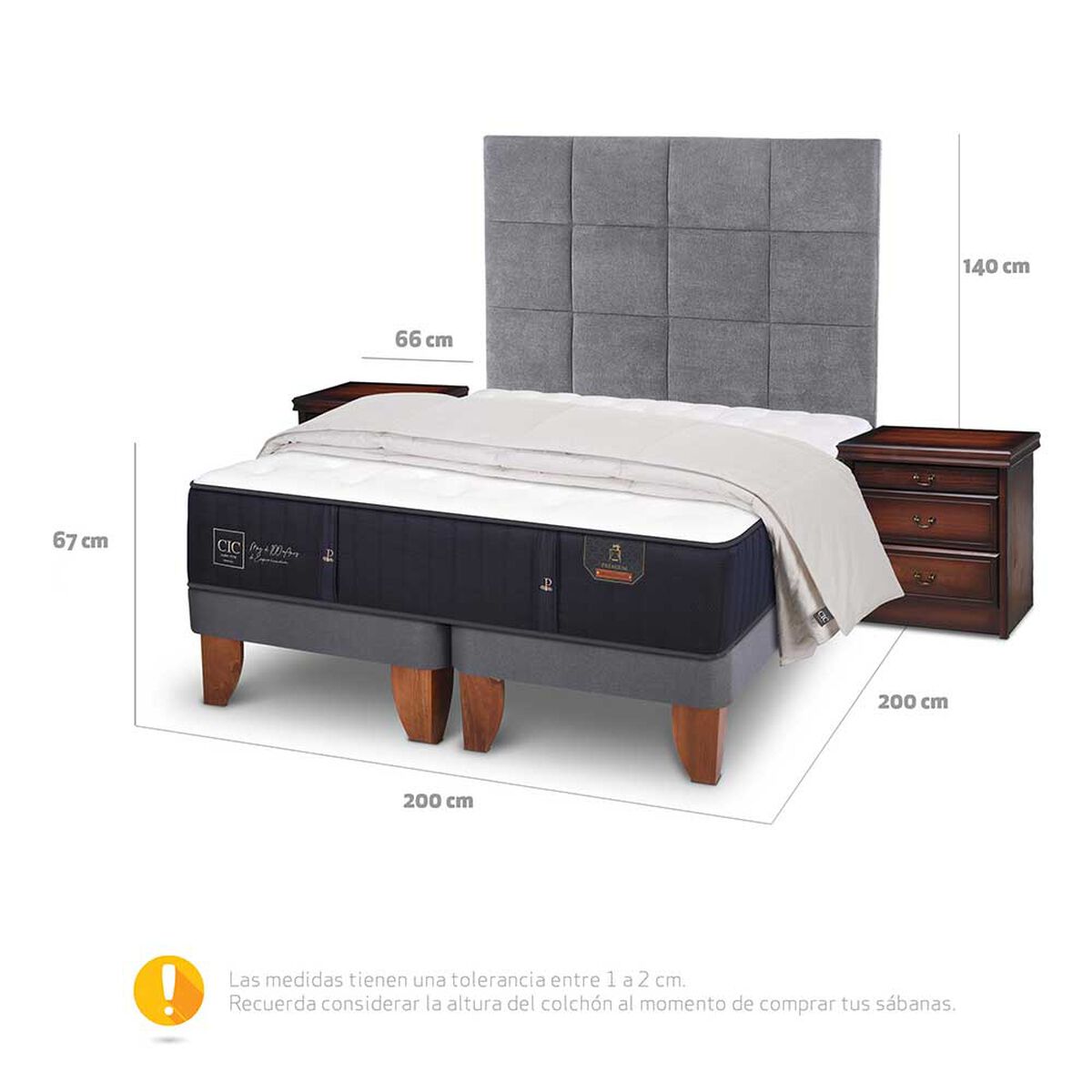 Cama Europea CIC Base Dividida S&uacute;per King Premium + Respaldo + Veladores + Plum&oacute;n Ganso