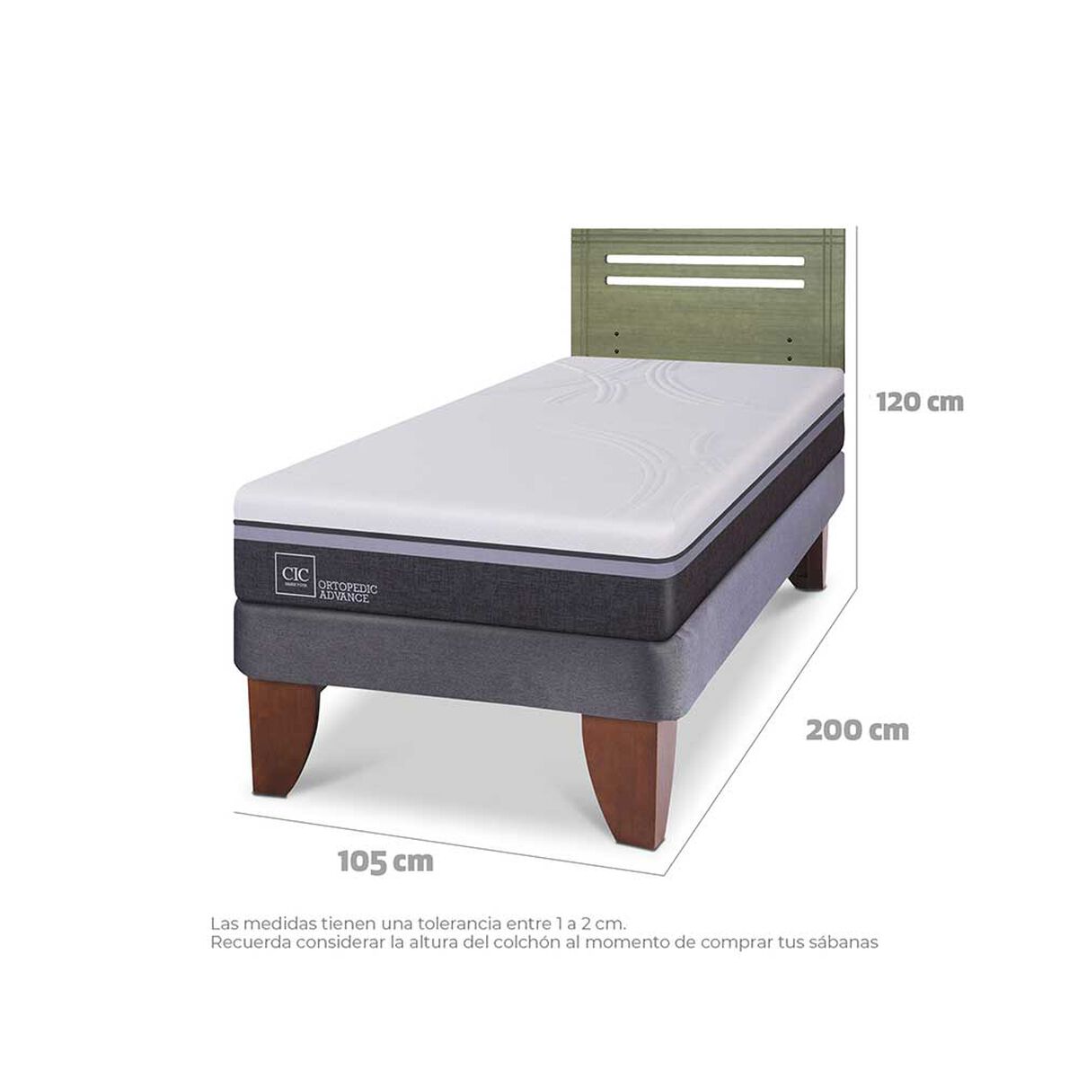 Cama Europea CIC 1,5 Plazas Ortopedic Advance + Respaldo Munich Olivo
