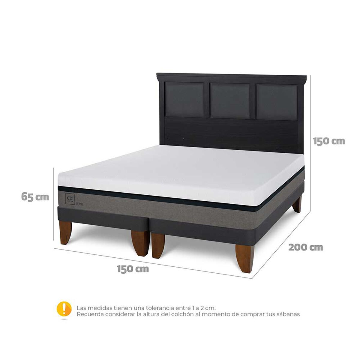 Cama Europea CIC Base Dividida 2 Plazas Balance + Respaldo Torino Negro