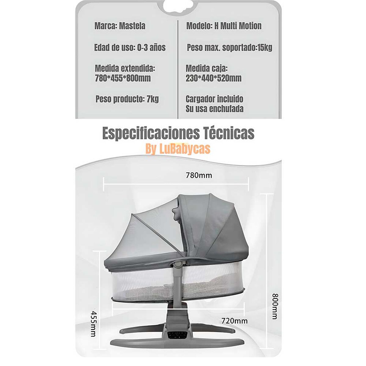 Cuna Mecedora Eléctrica 2 en 1 Mastela Gris LuBabycas