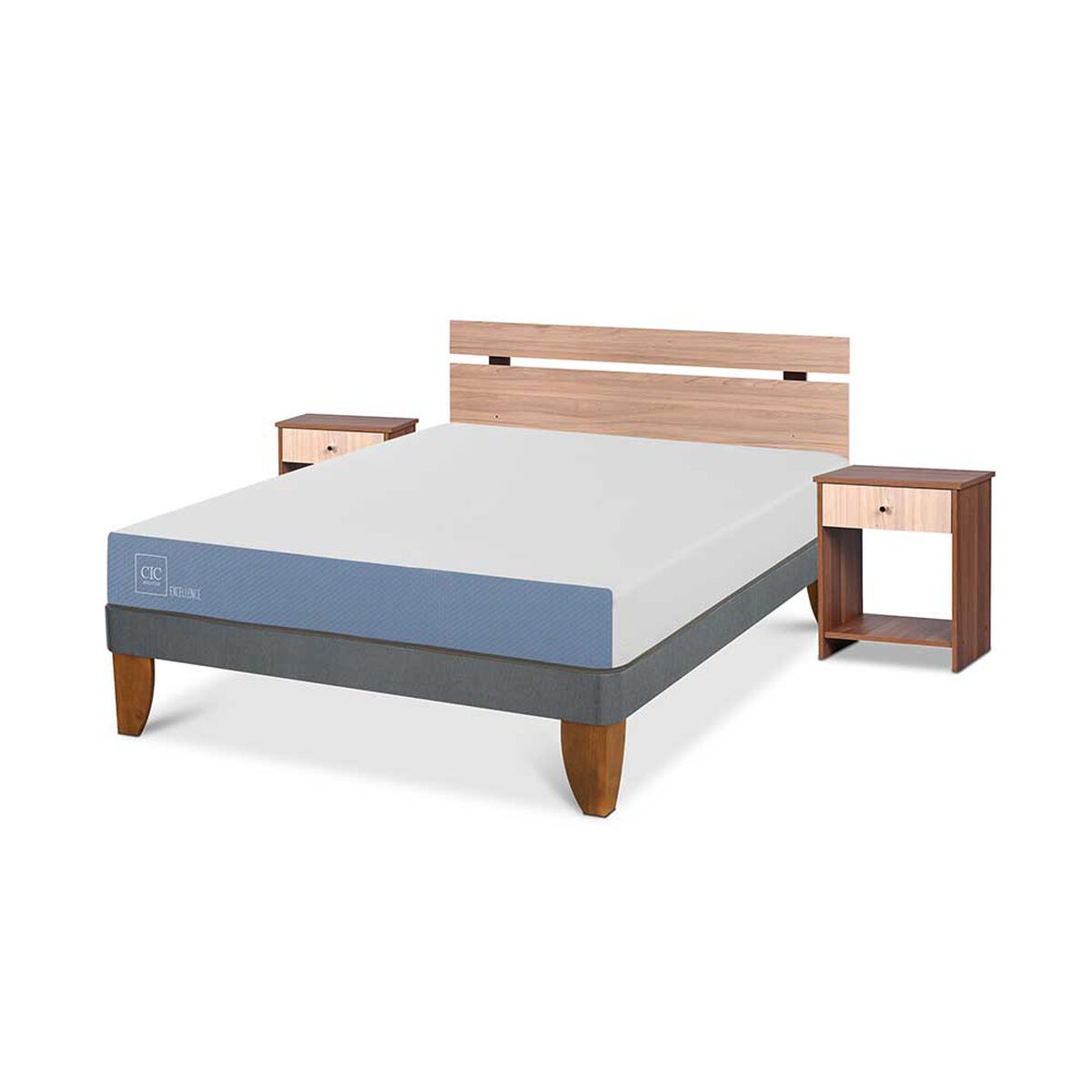 Cama Europea CIC 2 Plazas Excellence + Respaldo + 2 Veladores