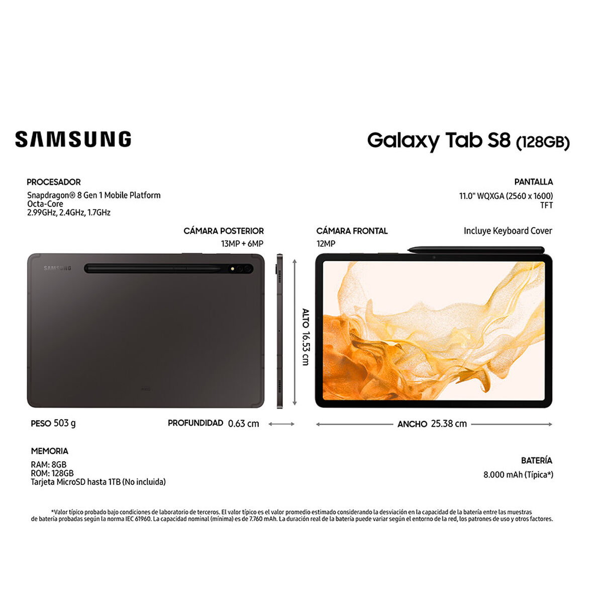 Tablet Samsung Galaxy TAB S8 SM-X700 Octa Core 8GB 128GB 11" Graphite + S-Pen + Keyboard Cover