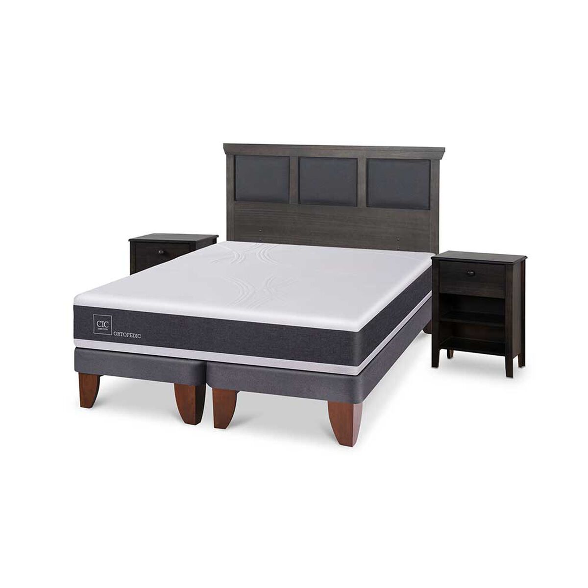 Cama Europea CIC Base Dividida King Ortopedic + Respaldo + 2 Veladores Torino