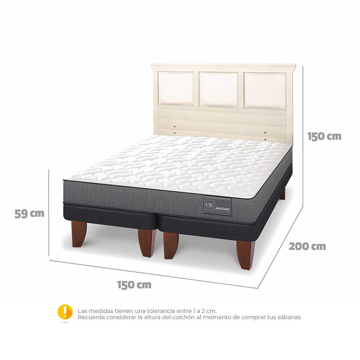 Cama Europea CIC Base Dividida 2 Plazas Anatomic + Respaldo Torino Alpino