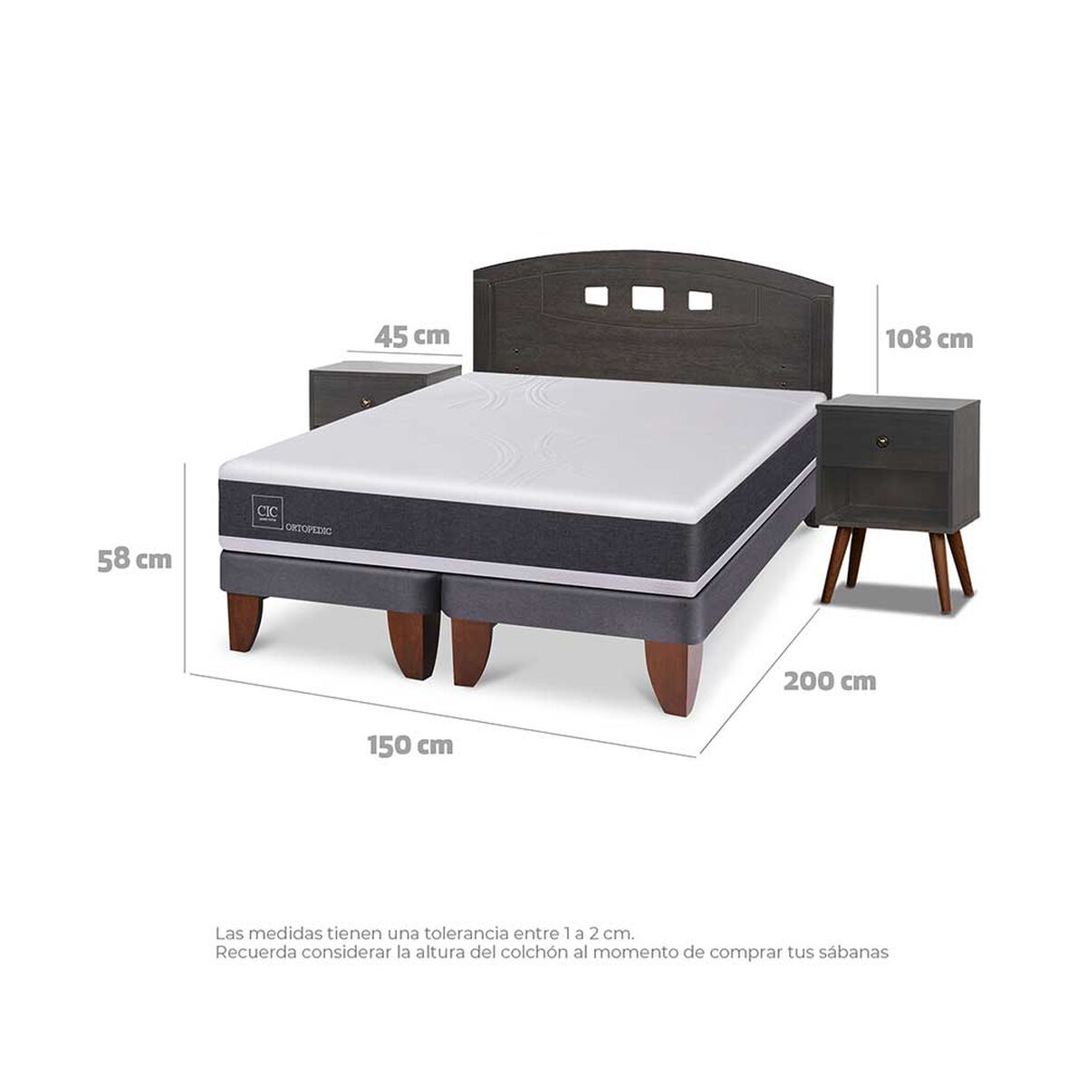 Cama Europea CIC Base Dividida 2 Plazas Ortopedic + Respaldo + 2 Veladores Gales