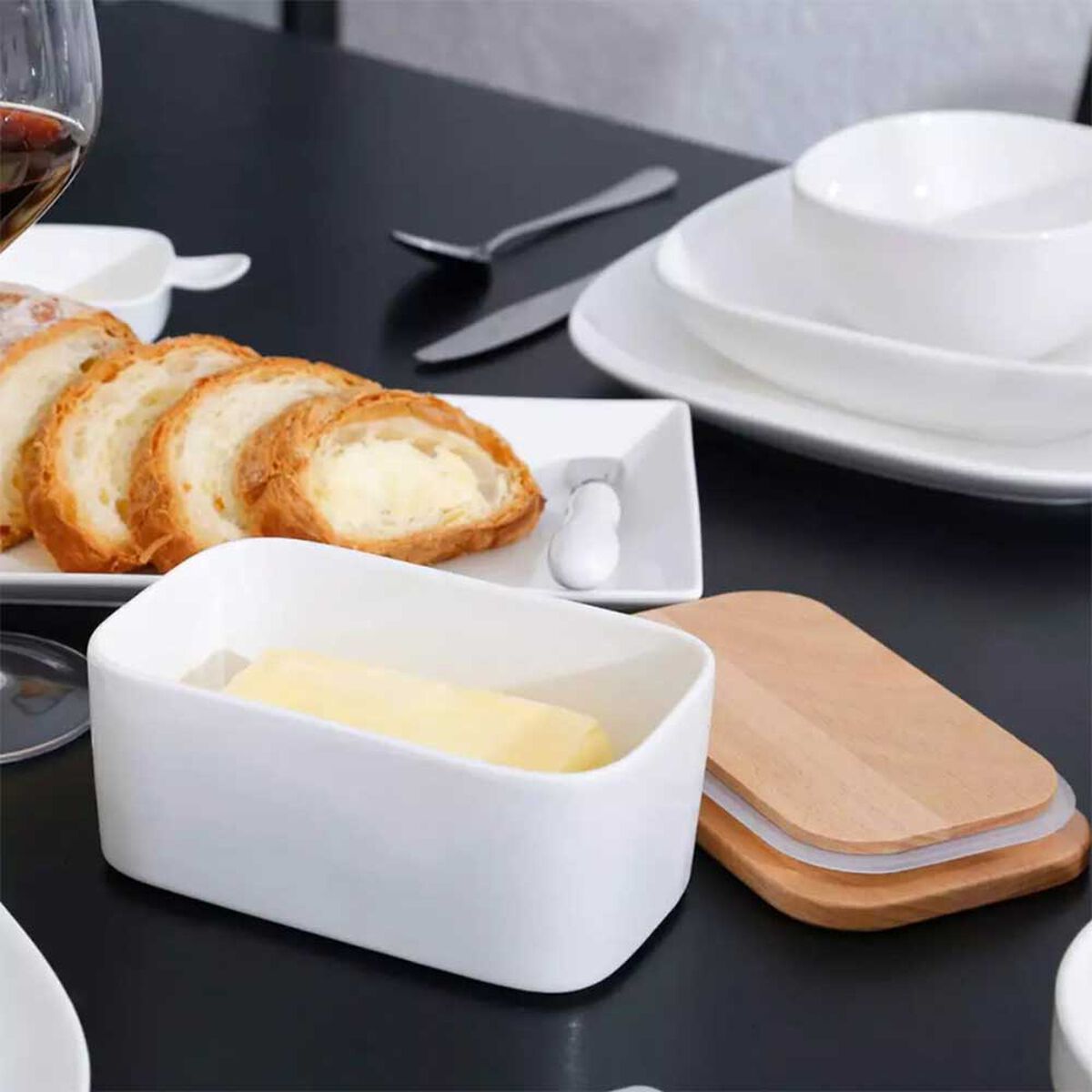 Mantequillero de Cerámica Tapa Bamboo 300 ml Simplit Blanco