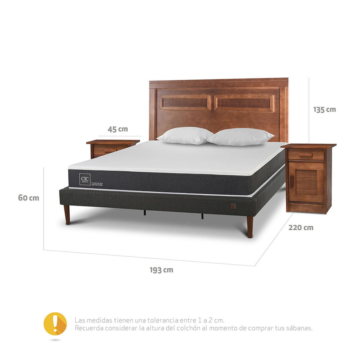Cama Europea CIC King New Ortopedic + Respaldo Mil&aacute;n + 2 Veladores