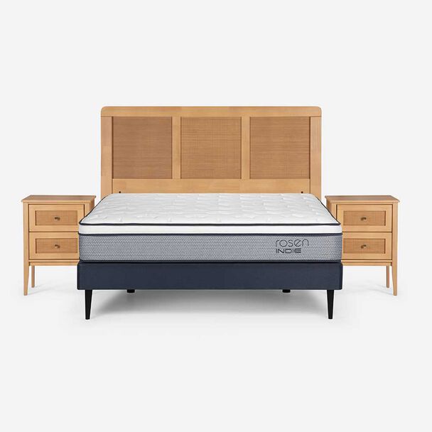 Cama Europea Rosen 2 Plazas Indie + Respaldo + 2 Veladores Charles