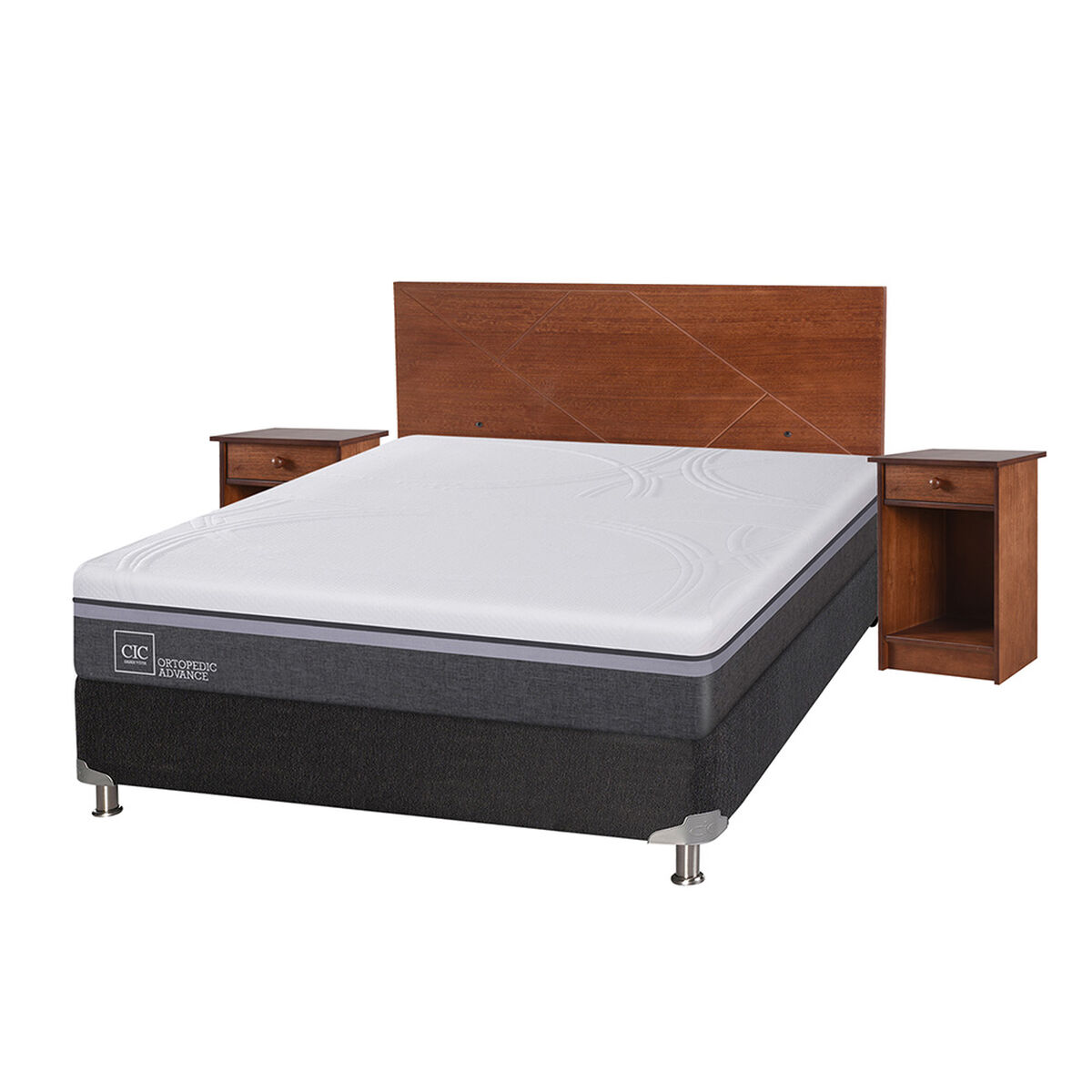 Box Spring CIC 2 Plazas Ortopedic Advance + Respaldo + 2 Veladores New Villarrica