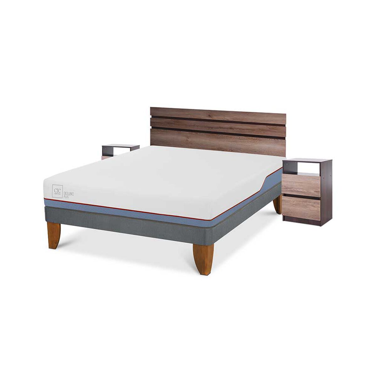 Cama Europea CIC 2 Plazas Excellence Plus + Respaldo + 2 Veladores