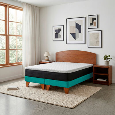 Cama Europea Latam Home 2 Plazas New Top Tela Velvet Turquesa + Maderas Atlas