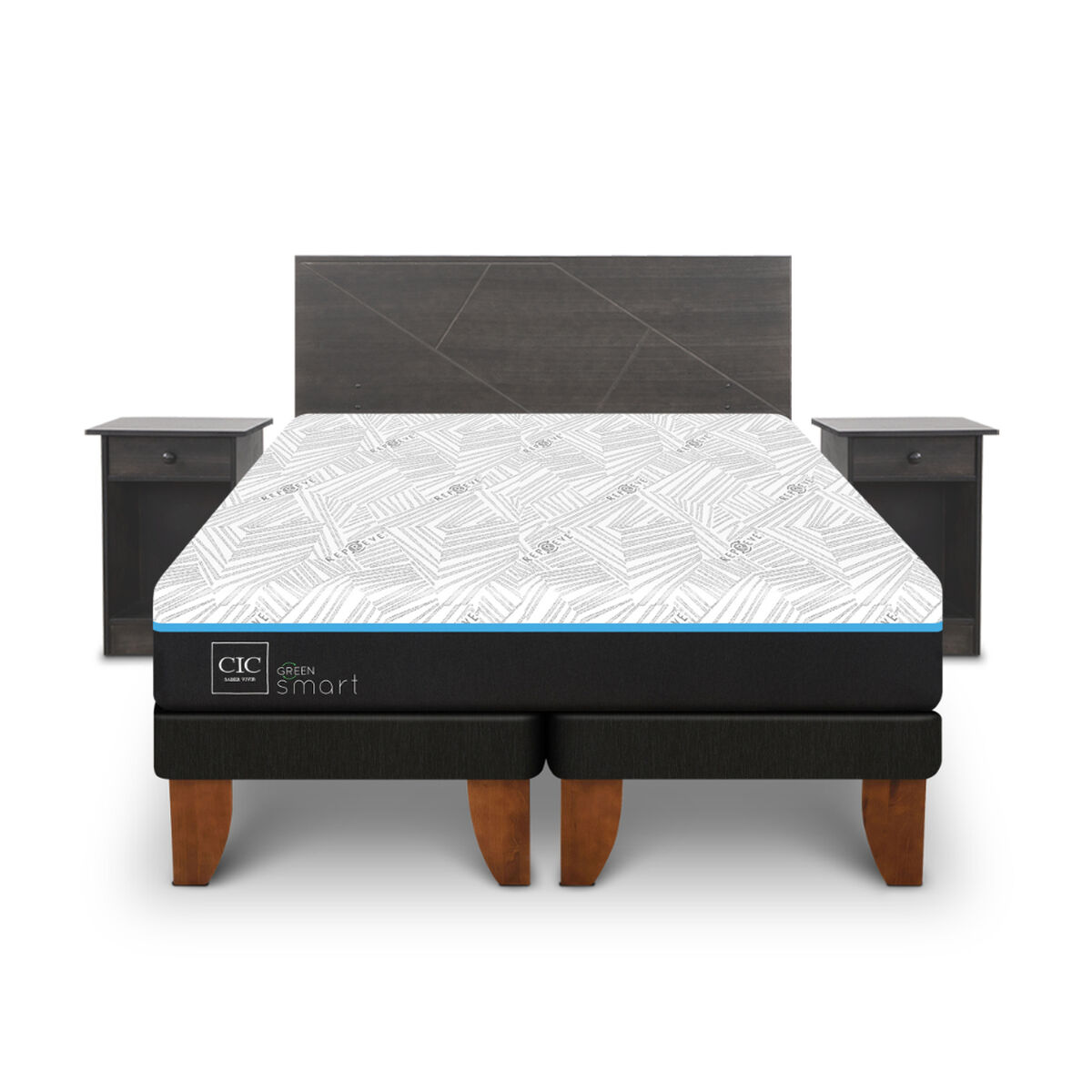 Cama Europea CIC Green Infinity King + 1 Respaldo + 2 Veladores Villarrica Gris