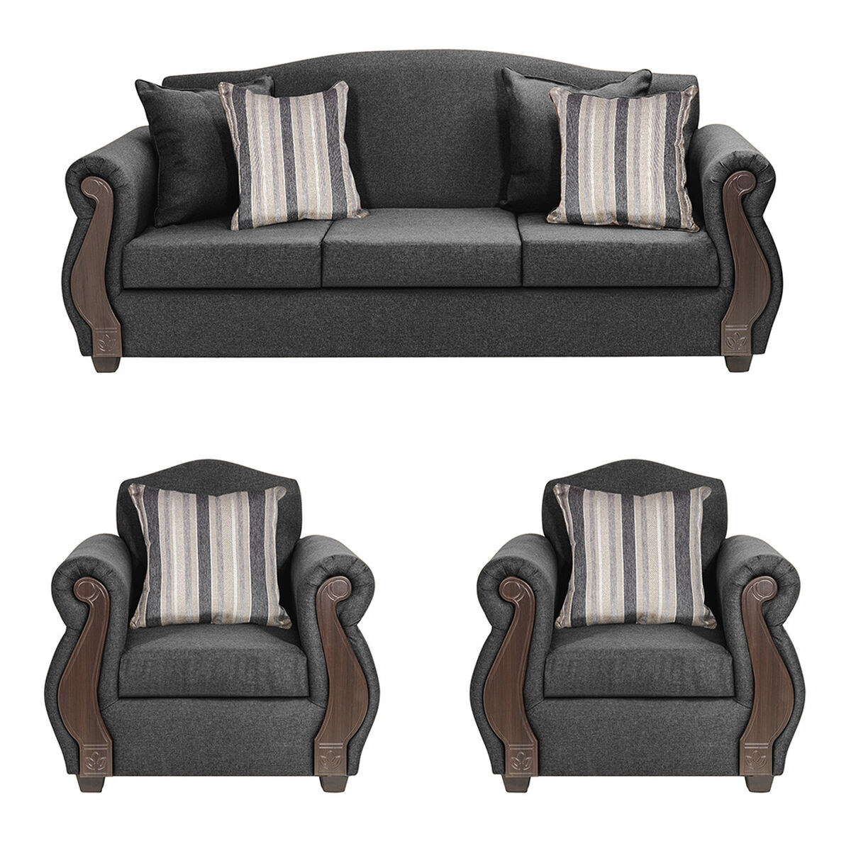 Juego de Living Innovamuebles New Bugambilia Sofá 3 Cuerpos + Dos Sillones 1 Cuerpo Gris Oscuro