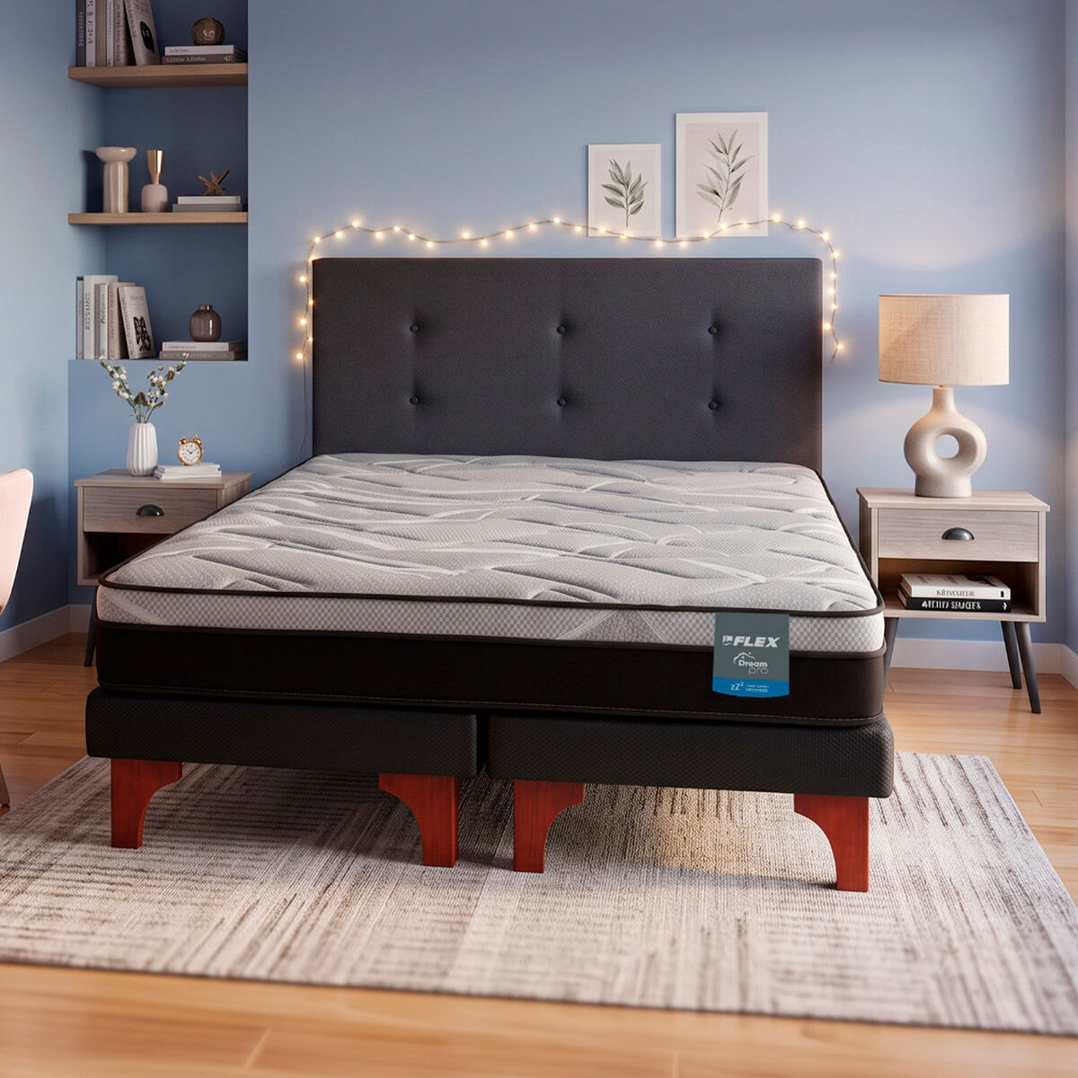 Cama Europea Flex 2 Plazas Dream Pro Box B/D + Respaldo Royal Negro + Velador Rock