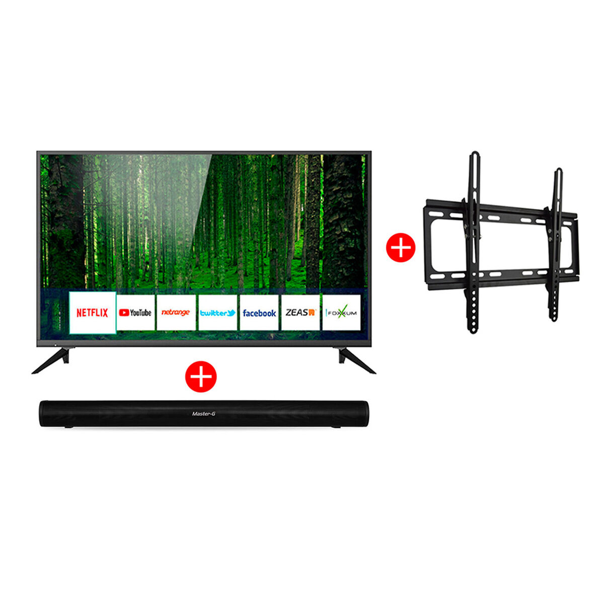 Combo LED 43" Hyundai FS43HY20 Smart TV HD + Soundbar Master-G MGSB250 Negro + Soporte Inclinable The Rack Solution 26" - 55"
