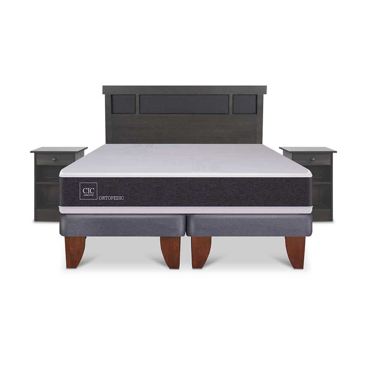 Cama Europea CIC Base Dividida King Ortopedic + Respaldo + 2 Veladores Dublin