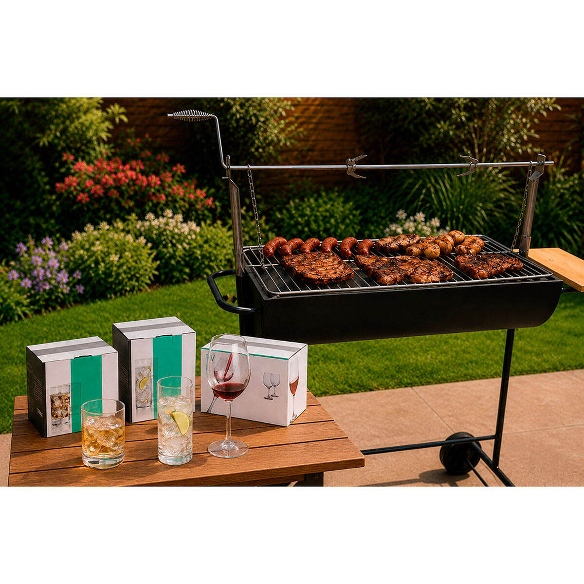Parrilla a Carb&oacute;n Casanova Medio Tambor con Roldana Negro + Set 6 Copas Vino + 6 Vasos 334 ml + 6 Vasos 190 ml Vitta