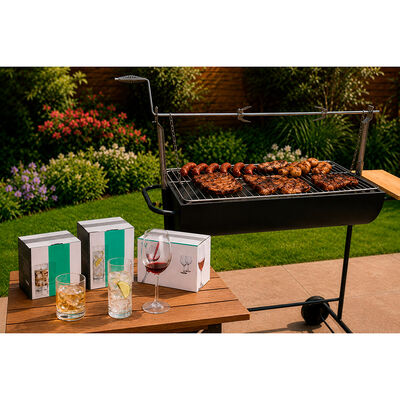 Parrilla a Carb&oacute;n Casanova Medio Tambor con Roldana Negro + Set 6 Copas Vino + 6 Vasos 334 ml + 6 Vasos 190 ml Vitta