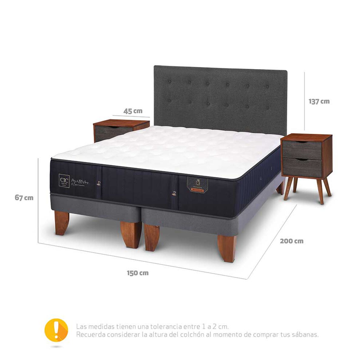 Cama Europea CIC Base Dividida 2 Plazas Premium + Respaldo + Veladores