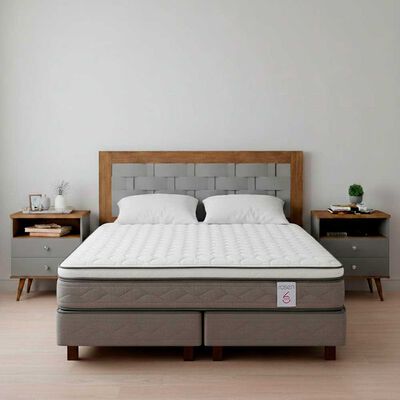 Combo Cama Europea Rosen Base Dividida 2 Plazas New Style 6 + Respaldo + 2 Veladores Dreams 2 Plazas Treliza Gris + Pack Almohadas Celta Imperial Soft Blanco 65 x 45 cm