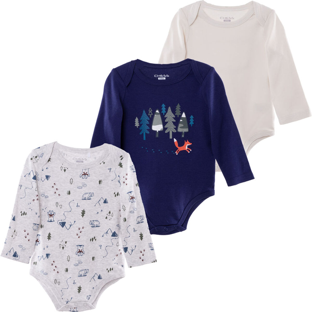 Pack 3 Unidades Body de Algod&oacute;n  Bebo Chess Baby