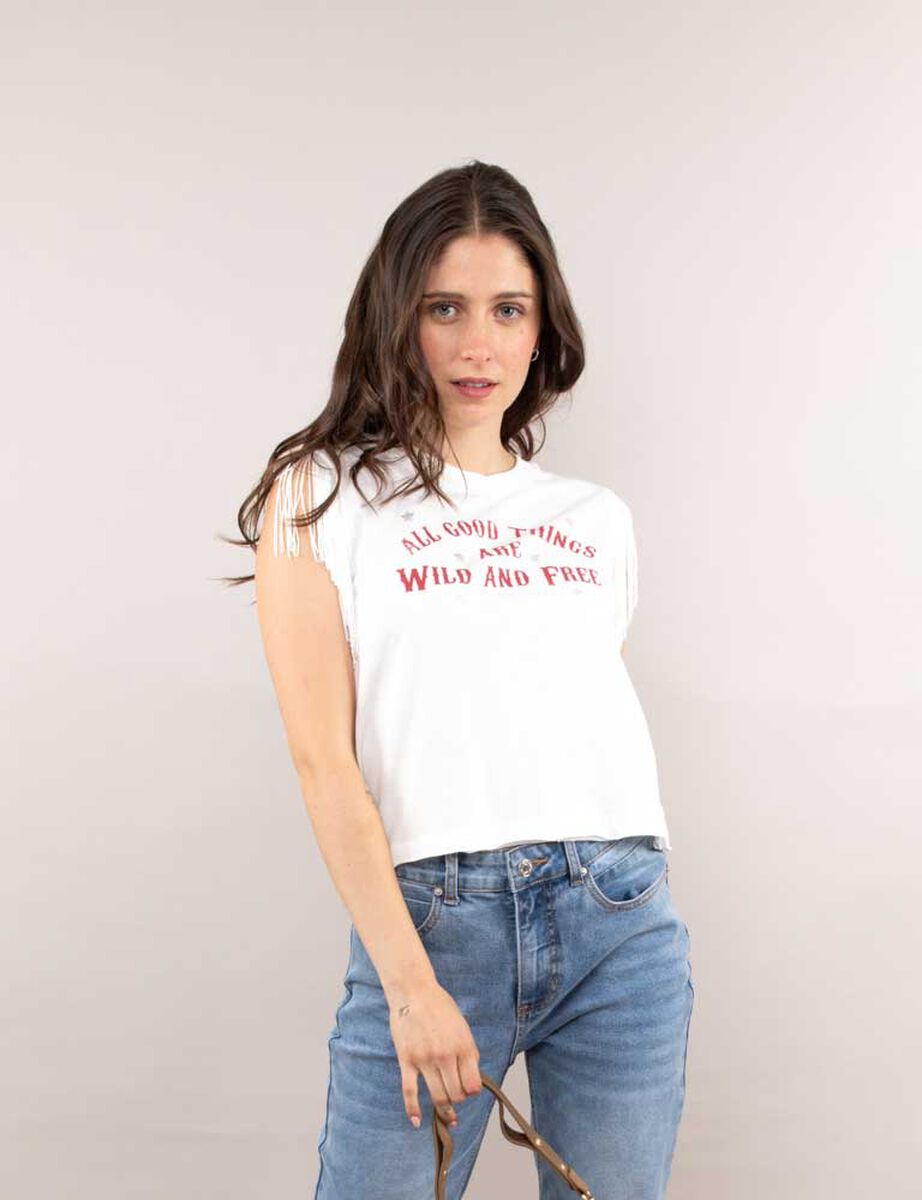 Polera Con Estampado Sin Mangas Flecos Mujer Icono