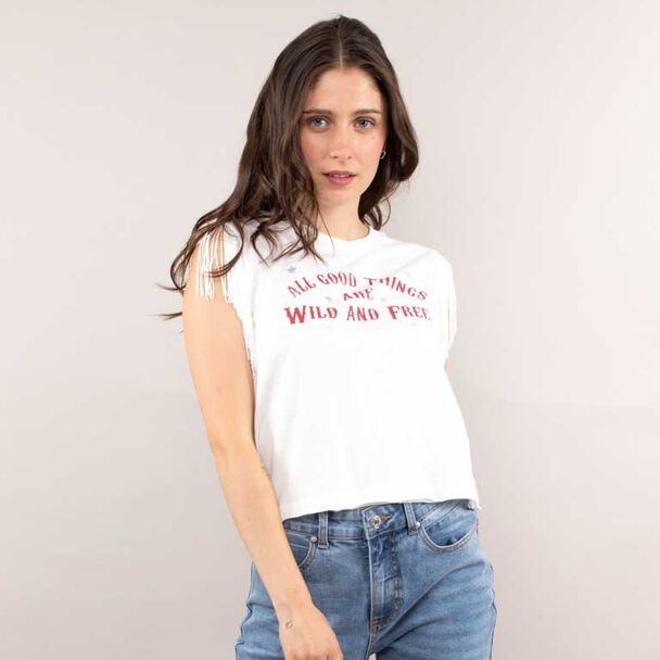 Polera Con Estampado Sin Mangas Flecos Mujer Icono